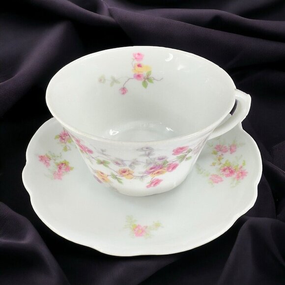 Antique Limoges Bassett Austria Porcelain Tea Cup And Saucer Set Floral Pattern - Picture 1 of 16